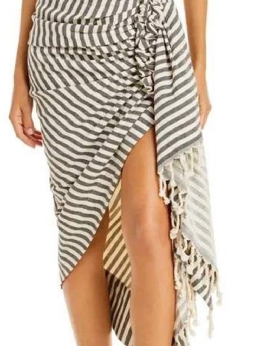 Striped Gray & White Tie-Side Fringe Swim Sarong Cover-Up